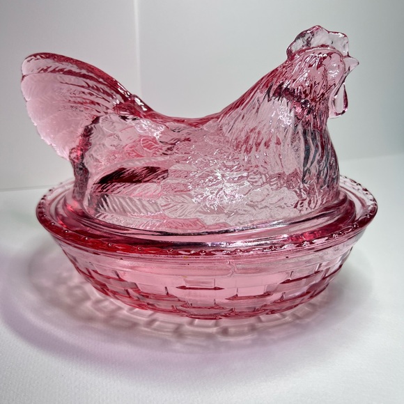 Iconic Longaberger Collectible Pink Glass Hen Rooster Candy Dish with lid - Picture 1 of 13